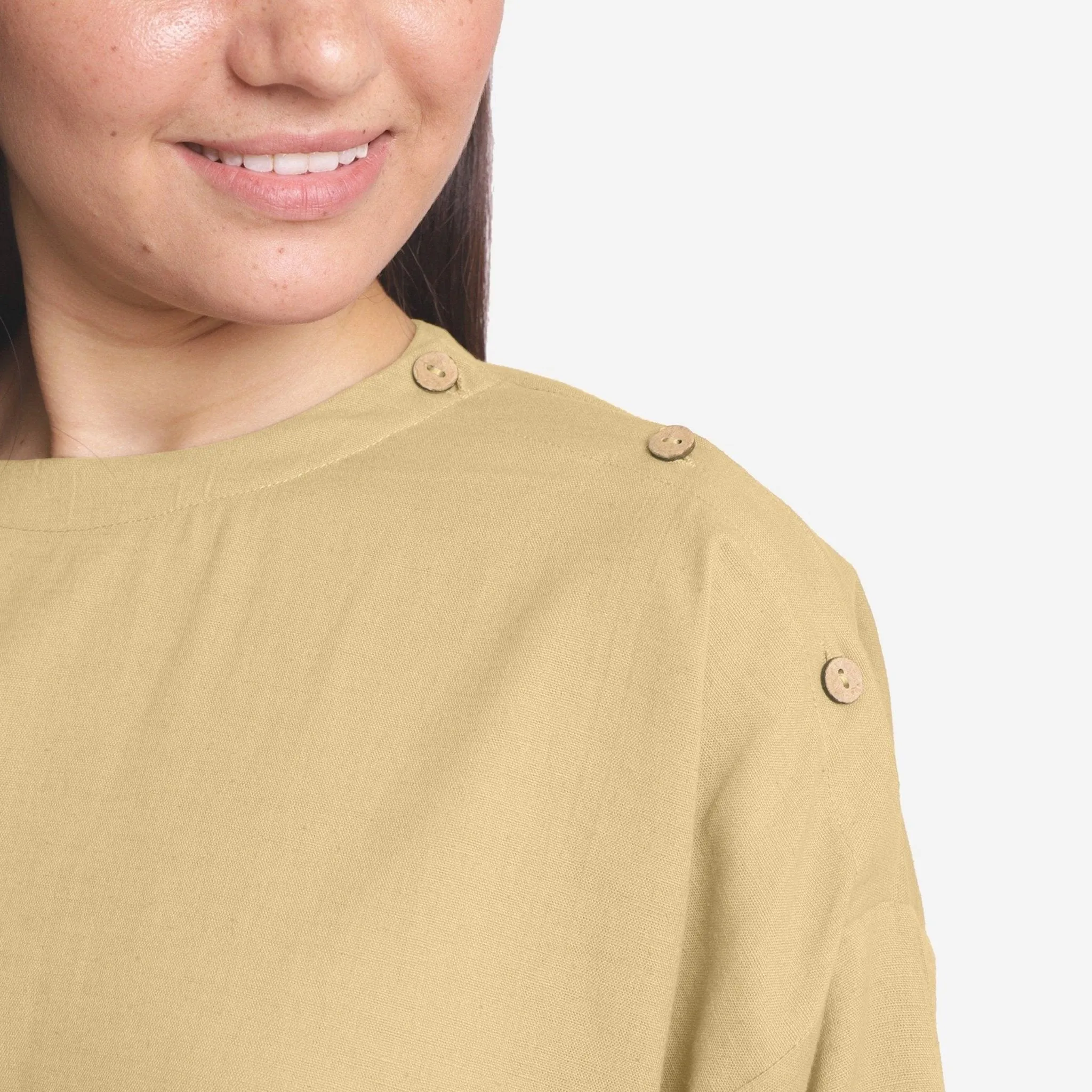 Light Khakhi Cotton Flax Round Neck Loose Fit A-Line Top