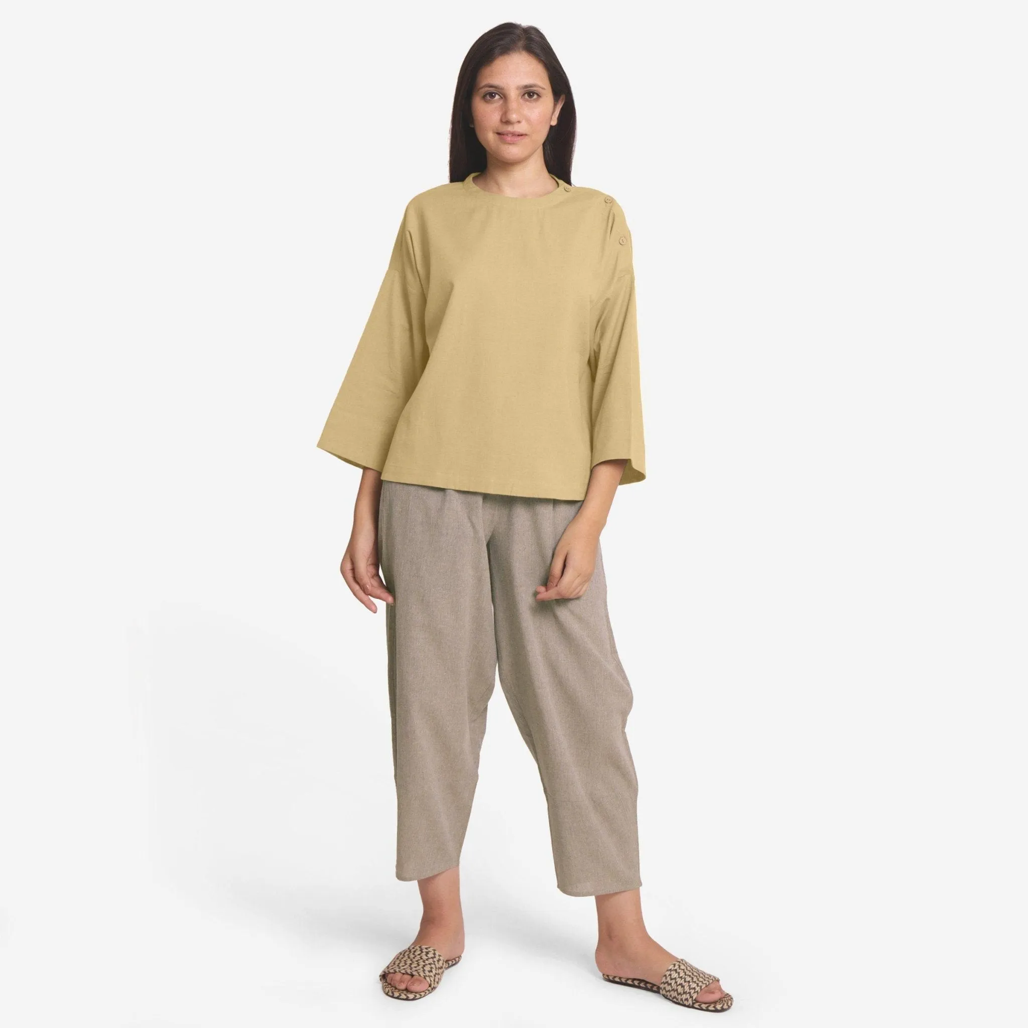 Light Khakhi Cotton Flax Round Neck Loose Fit A-Line Top