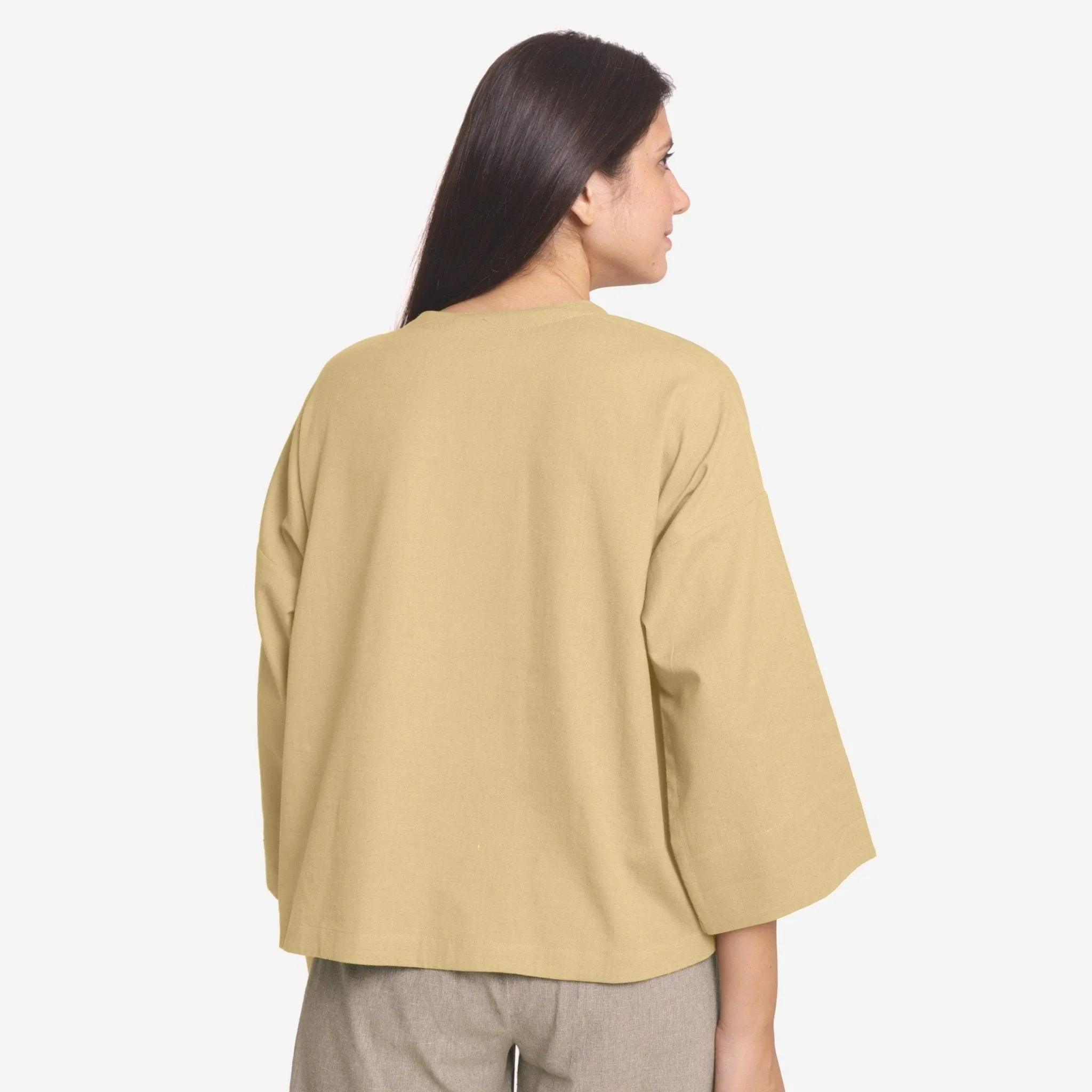 Light Khakhi Cotton Flax Round Neck Loose Fit A-Line Top