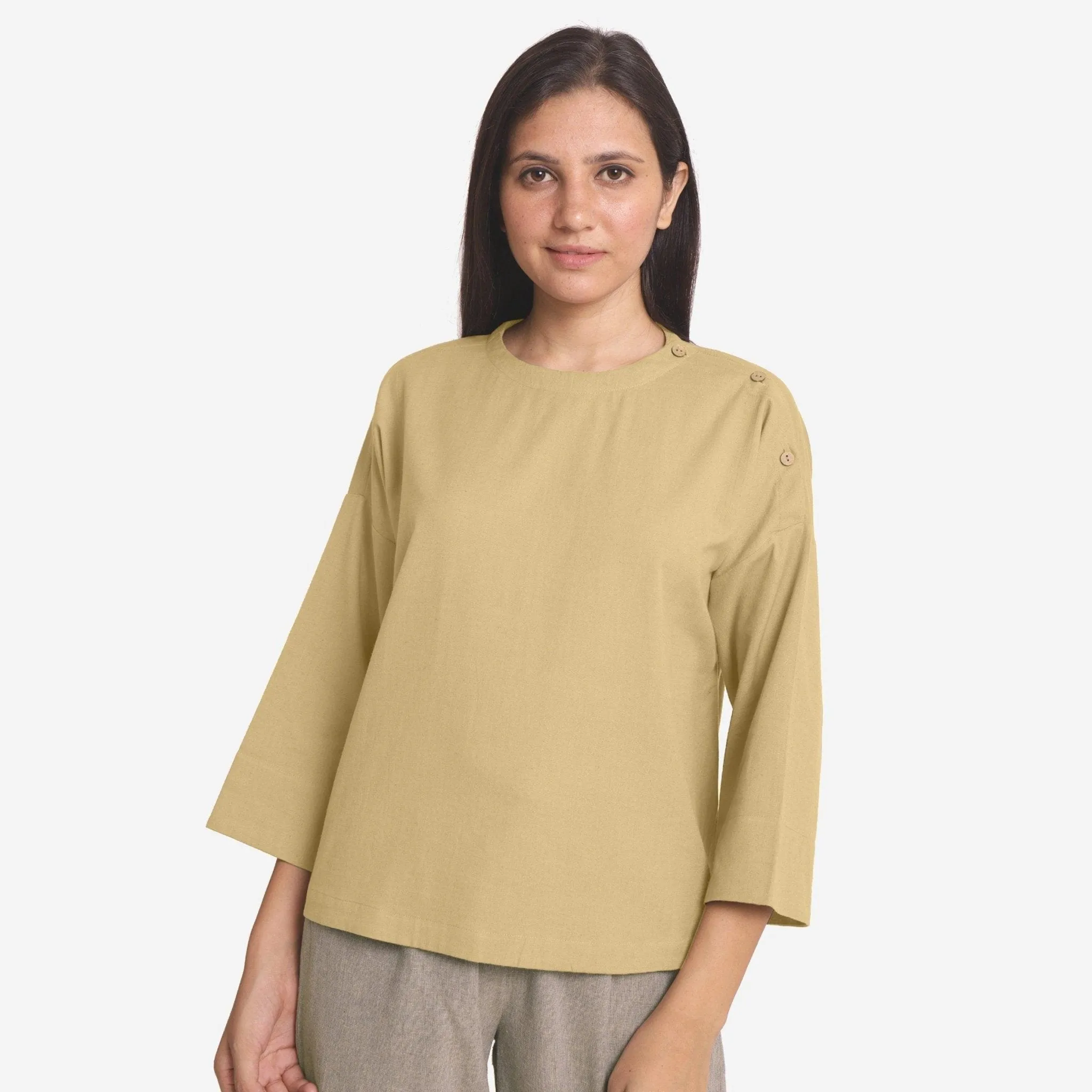 Light Khakhi Cotton Flax Round Neck Loose Fit A-Line Top