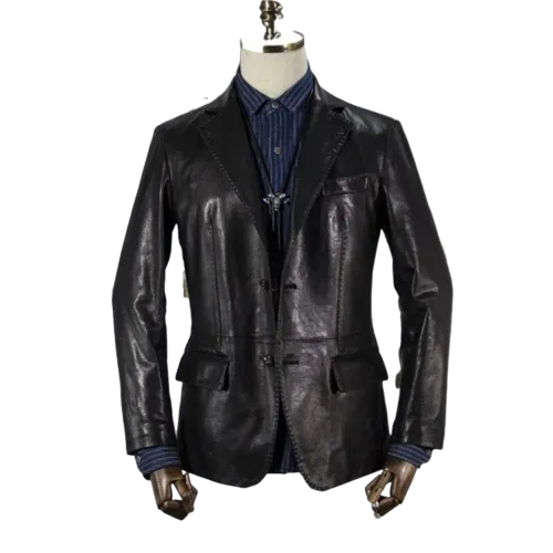 Mens Henley Front Button Black Leather Blazer