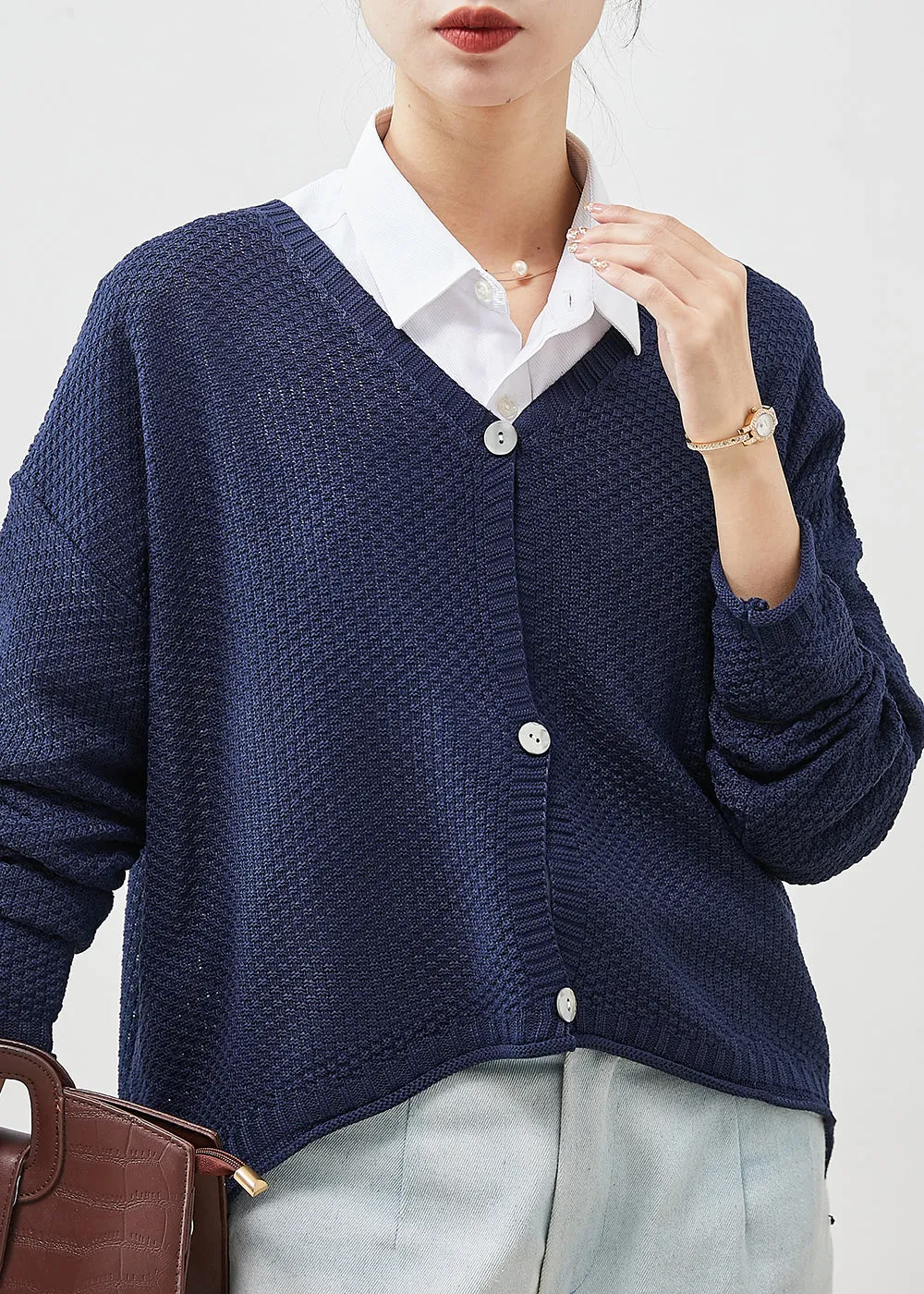 Organic Navy Oversized Knit Cardigans Spring YU1039