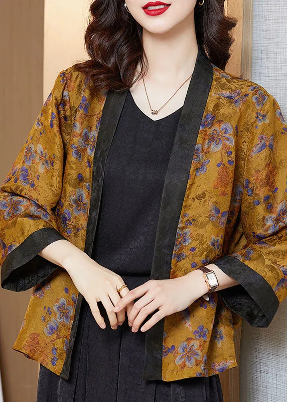 Plus Size Yellow Print Patchwork Silk Loose Cardigans Bracelet Sleeve