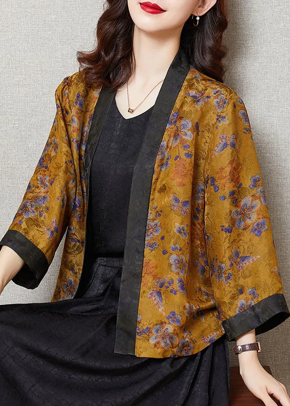 Plus Size Yellow Print Patchwork Silk Loose Cardigans Bracelet Sleeve