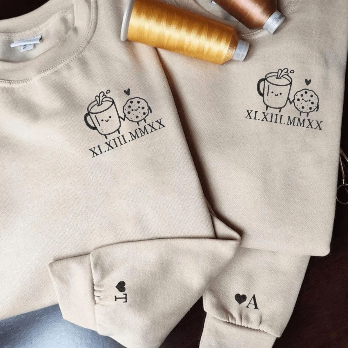 "Cookie and Milk Custom Roman Numeral" Couple Sweatshirts - Custom Embroidered Matching Hoodies For Couples