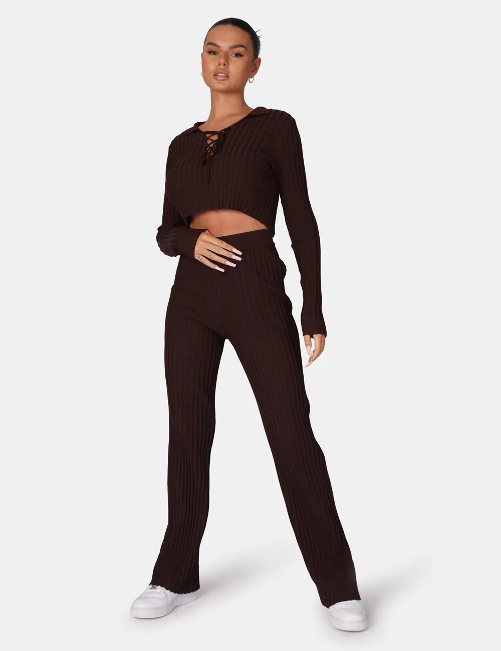 Ribbed Knitted Wide Leg Trousers Chocolate