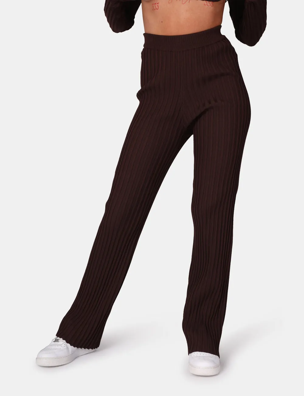 Ribbed Knitted Wide Leg Trousers Chocolate