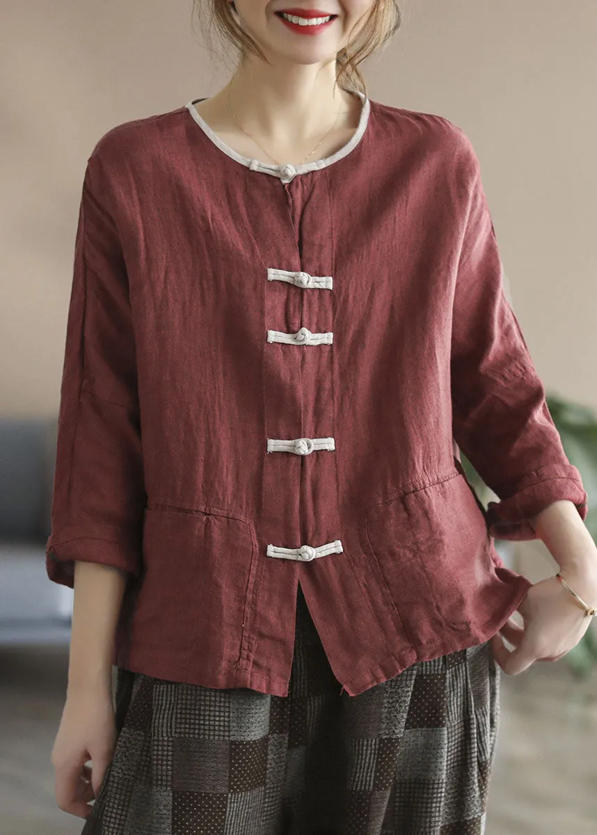 Style Red Patchwork Chinese Button Linen Cardigans Bracelet Sleeve