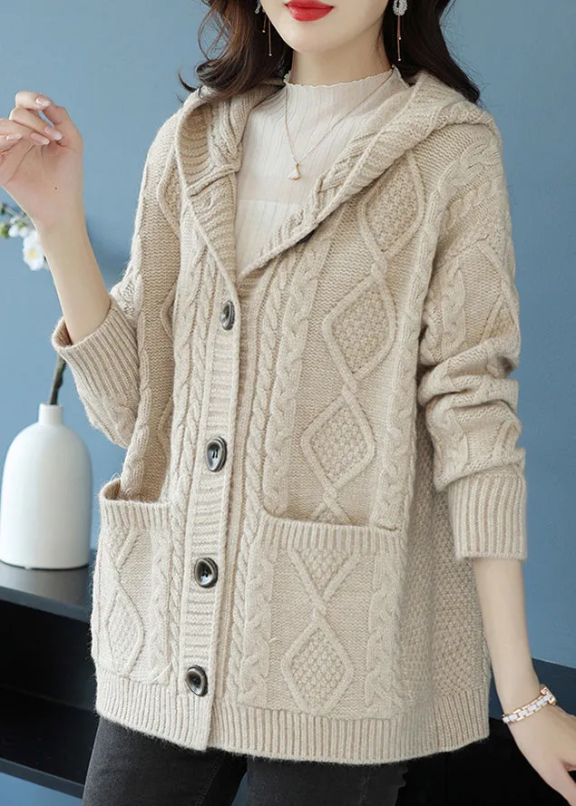 Stylish Beige Button Woolen Knit Hooded Coat Fall