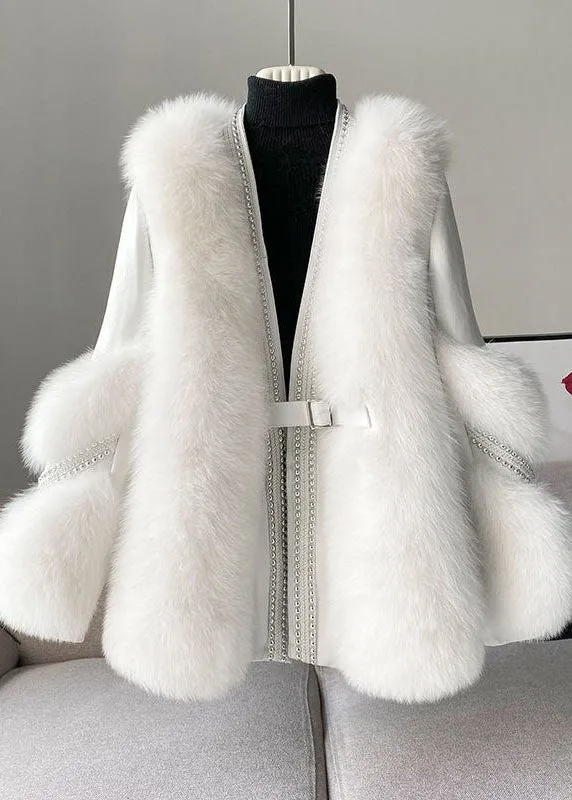 Stylish White V Neck Patchwork Mink Hair Coats Winter