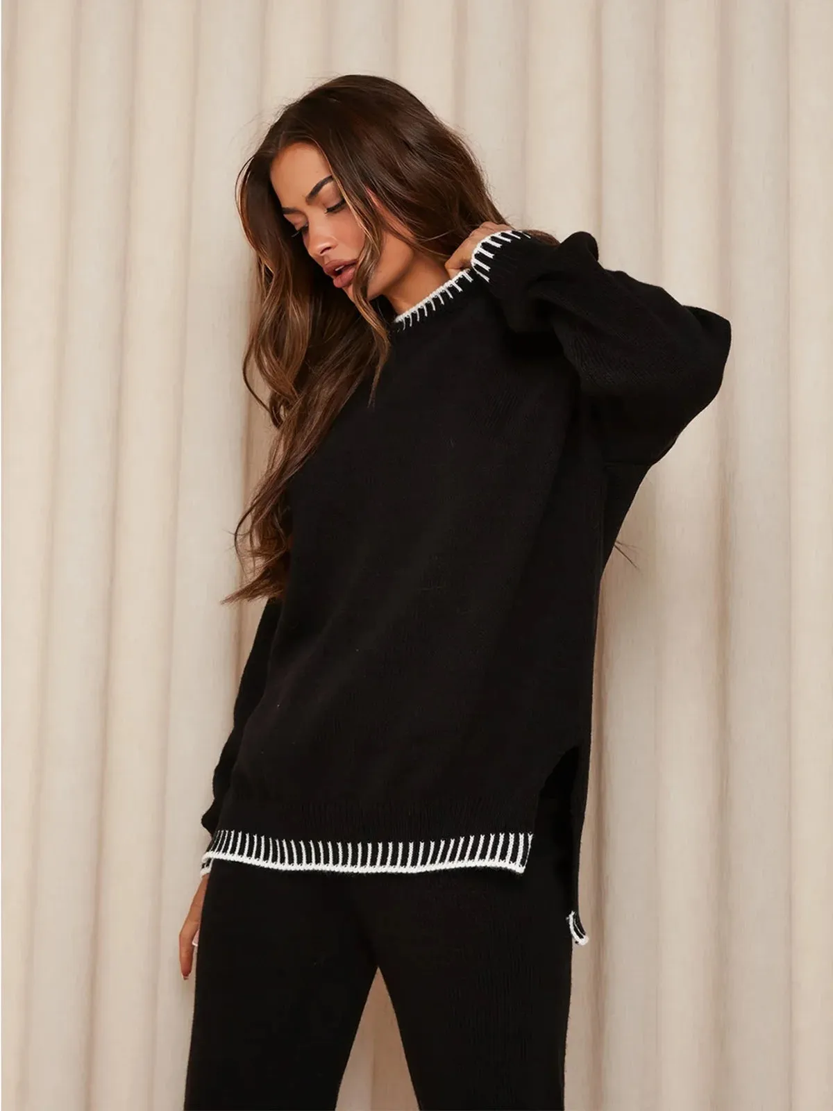 Two-Tone Stitch Detail Sweater and Pant Set