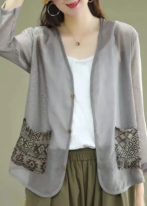 Unique Grey V Neck Print Patchwork Linen Loose Cardigans Coat Summer