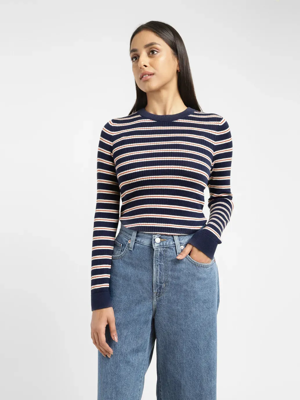 Women's Striped Navy Crew Neck Sweater