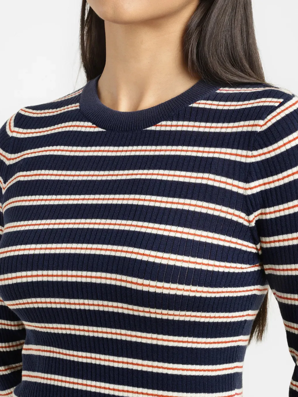 Women's Striped Navy Crew Neck Sweater