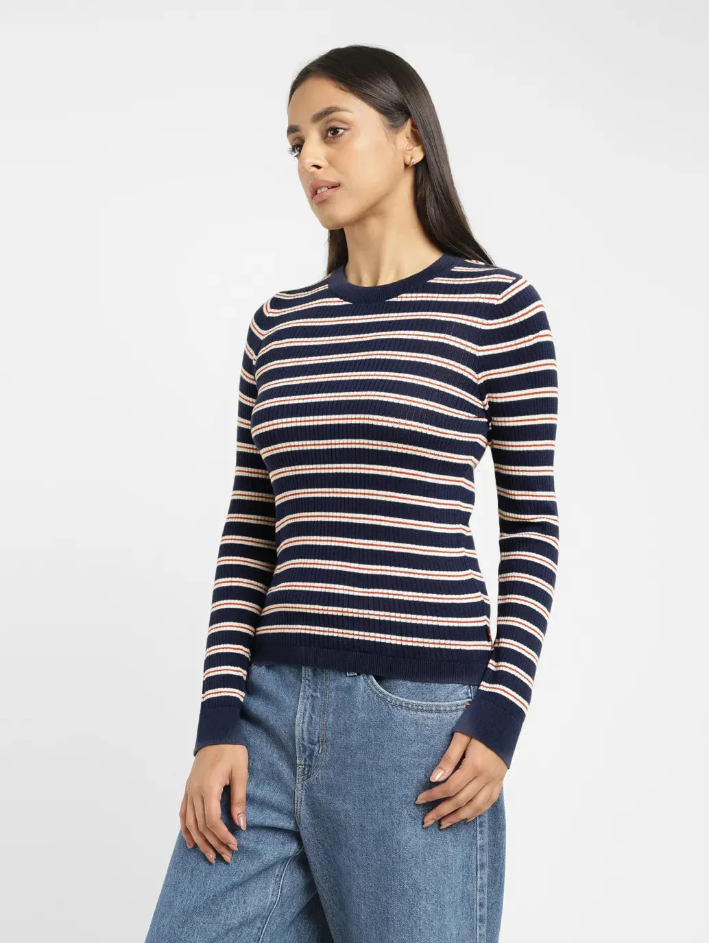 Women's Striped Navy Crew Neck Sweater