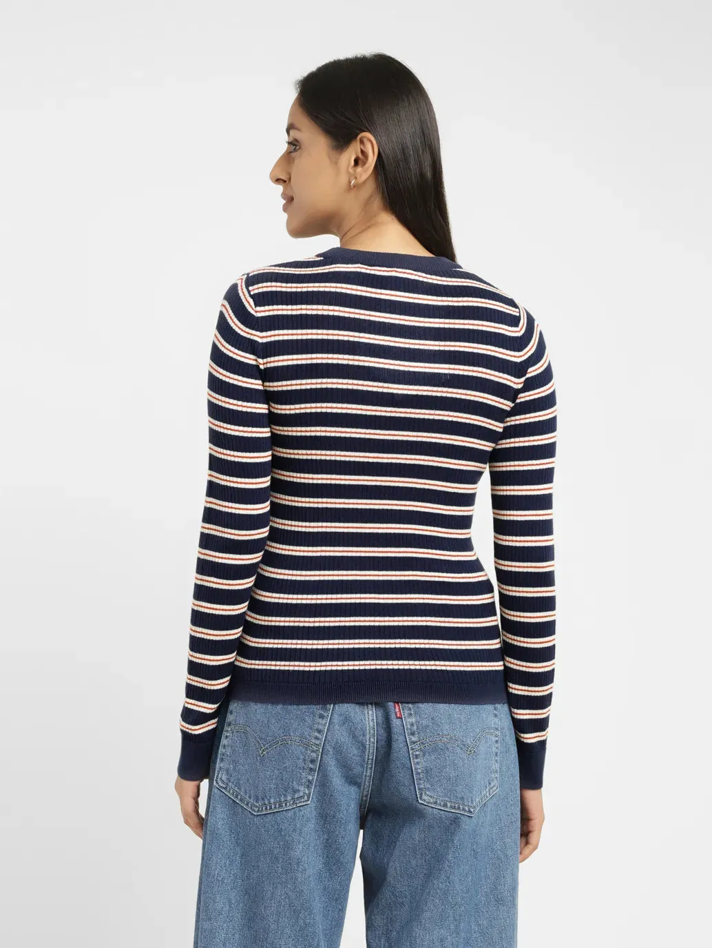 Women's Striped Navy Crew Neck Sweater